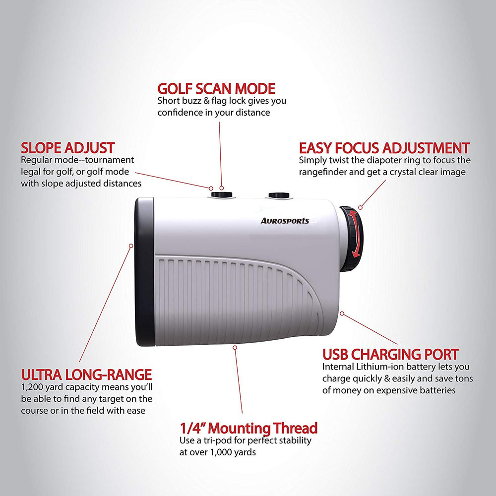 Aurosports 1200 yard USB Rechargeable Premium Laser Rangefinder White Golf & Hunting Range Finder