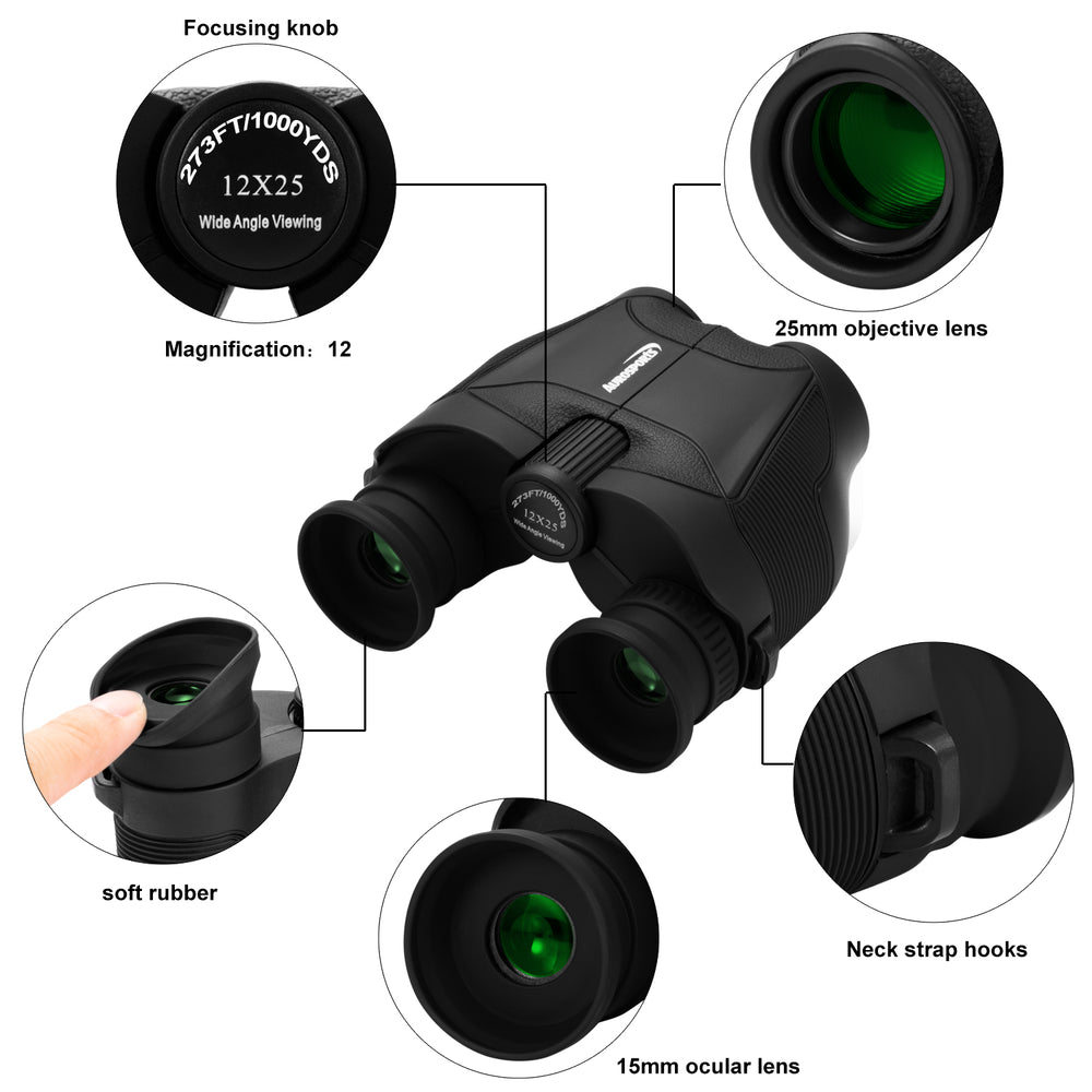 Aurosports 12x25 Compact Binoculars for Adults Kids