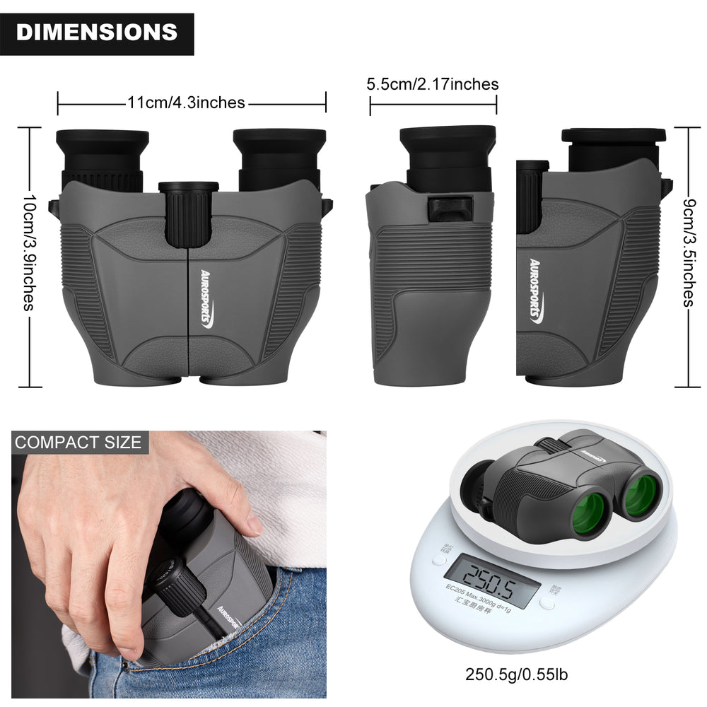 Aurosports 12x25 Compact Binoculars for Adults Kids(Grey)