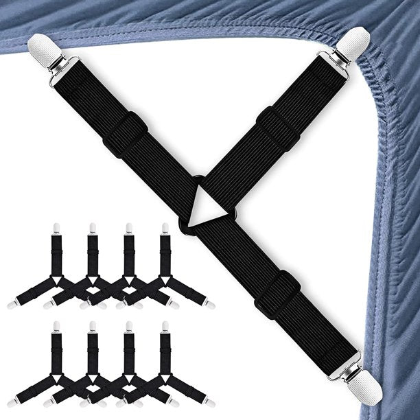 8 Packs Bed Sheet Straps, Bed Sheet Suspenders, Bed Sheet Clips Triangle Elastic Adjustable Holder Clip Sheet Belts for Mattress Covers, Sofa Cushion, Anti Rust, Black, COOSERRY