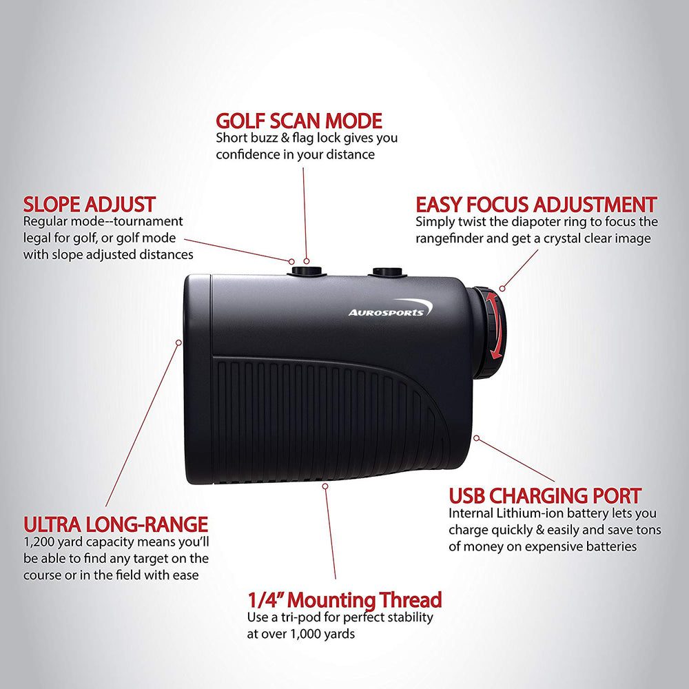 Aurosports 1200 yard USB Rechargeable Premium Laser Rangefinder  Golf & Hunting Range Finder-Black