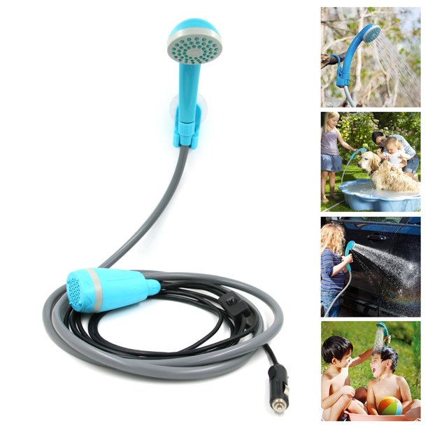 Portable Shower Camping Shower Outdoor Shower, 12V Car Shower, Powered by Cigarette Lighter, with Shower Pump, Pumps Water from Bucket Into Steady, Gentle Shower Stream, Blue, COOSERRY